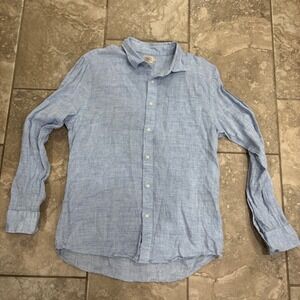 Faherty Brand Mens Large Light Blue Linen Long Sleeve Button Down Shirt Pocket